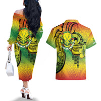 Hawaii Flag Day Couples Matching Off The Shoulder Long Sleeve Dress and Hawaiian Shirt Kanaka Maoli With Kakau Polynesian Pattern LT14 - Polynesian Pride