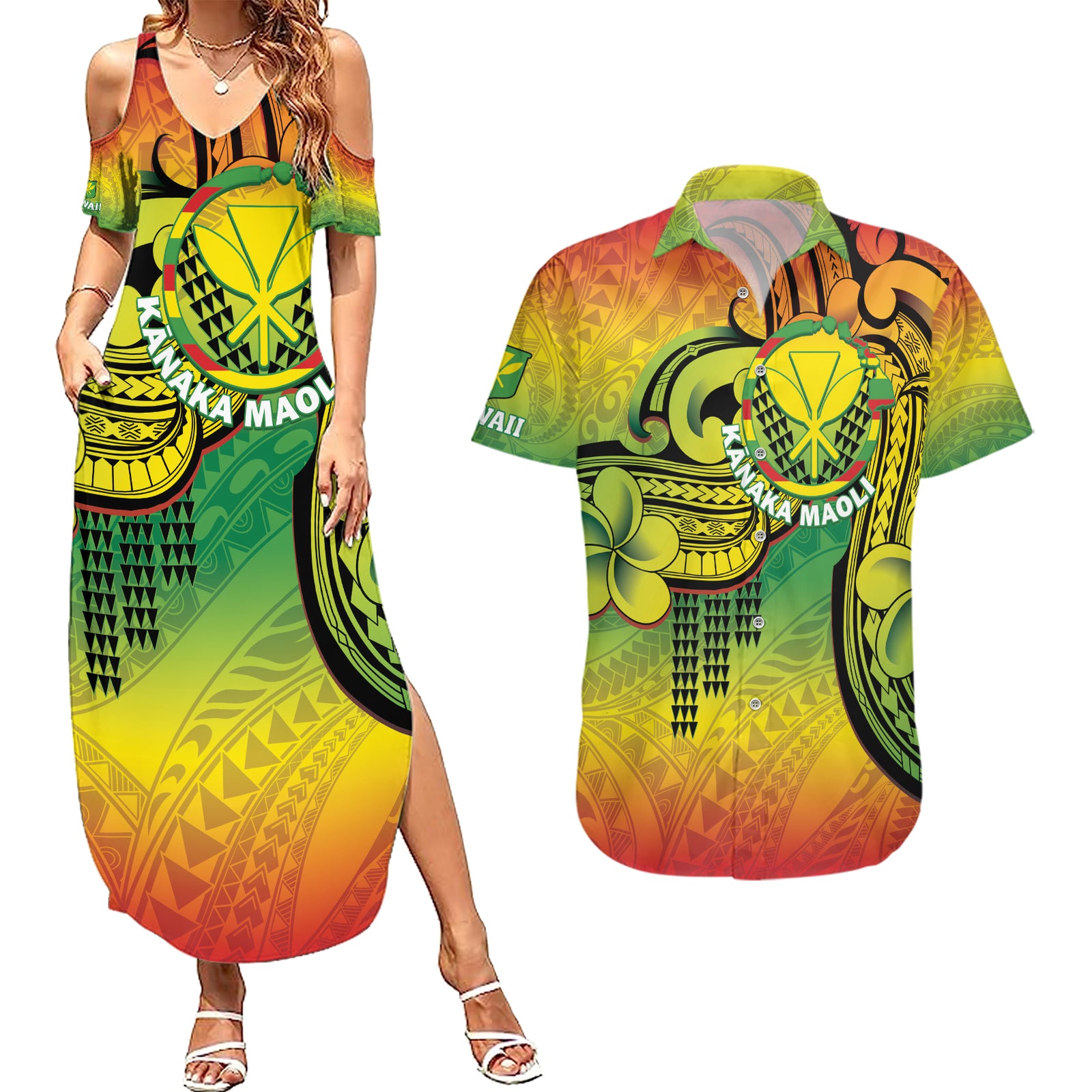 Hawaii Flag Day Couples Matching Summer Maxi Dress and Hawaiian Shirt Kanaka Maoli With Kakau Polynesian Pattern LT14