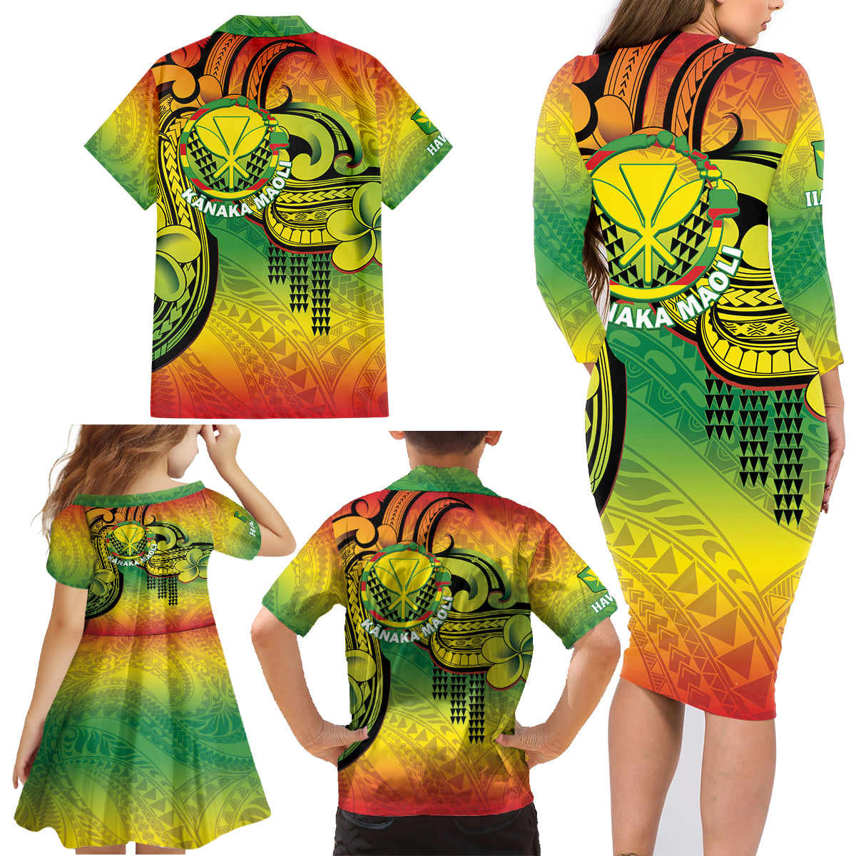 Hawaii Flag Day Family Matching Long Sleeve Bodycon Dress and Hawaiian Shirt Kanaka Maoli With Kakau Polynesian Pattern LT14 - Polynesian Pride