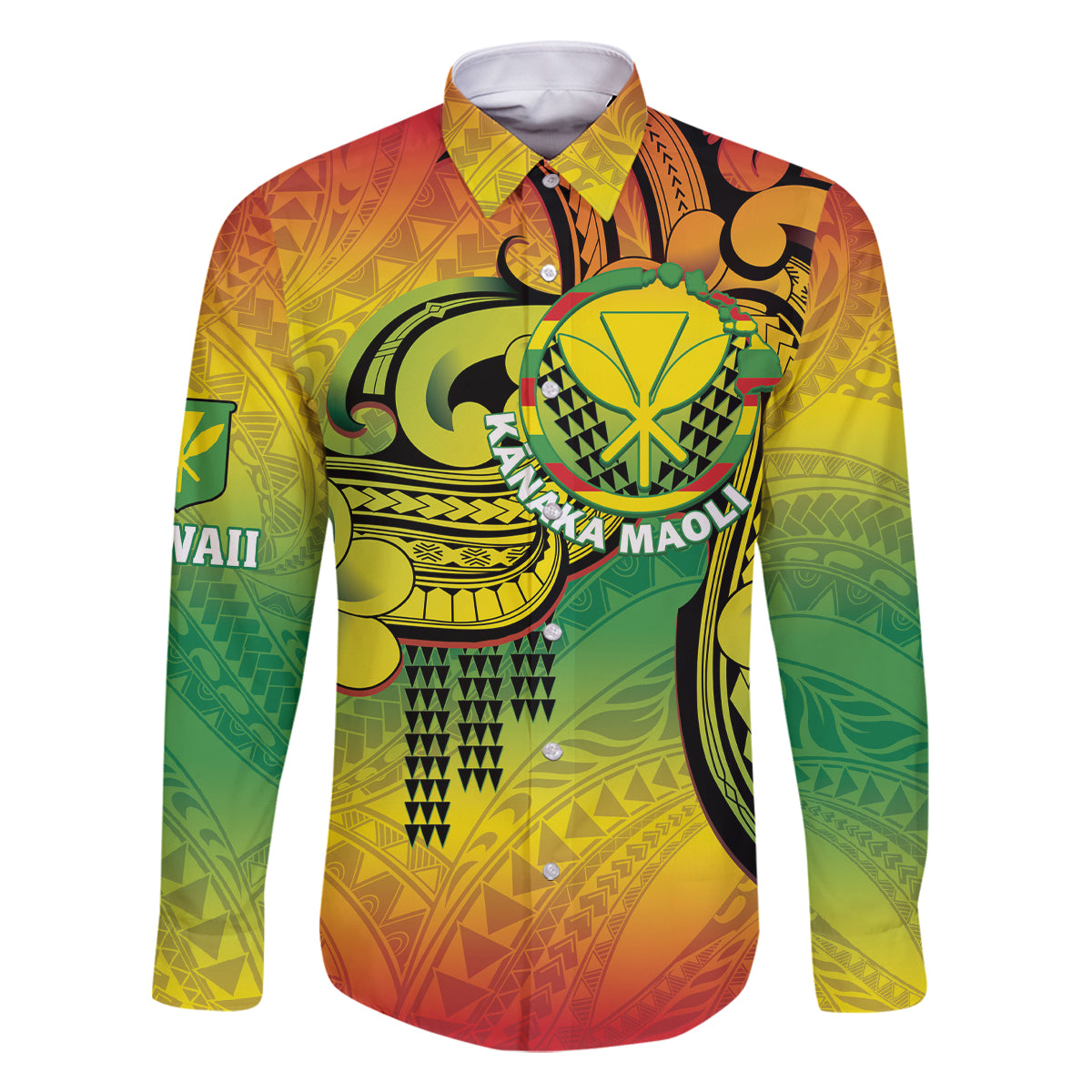 Hawaii Flag Day Family Matching Mermaid Dress and Hawaiian Shirt Kanaka Maoli With Kakau Polynesian Pattern LT14 Dad's Shirt - Long Sleeve Green - Polynesian Pride
