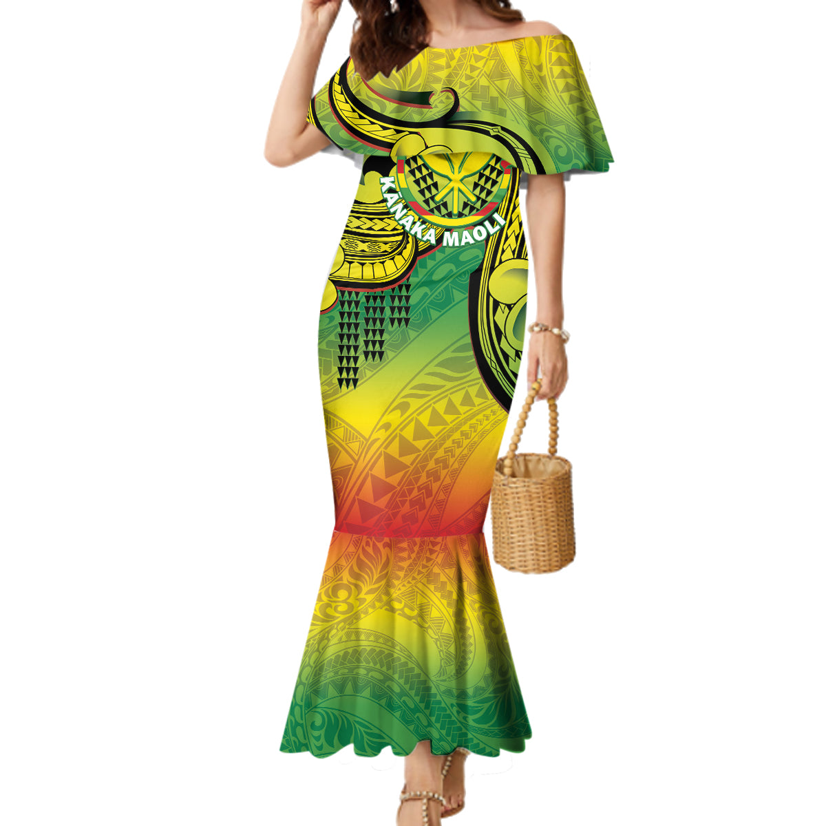Hawaii Flag Day Family Matching Mermaid Dress and Hawaiian Shirt Kanaka Maoli With Kakau Polynesian Pattern LT14 Mom's Dress Green - Polynesian Pride