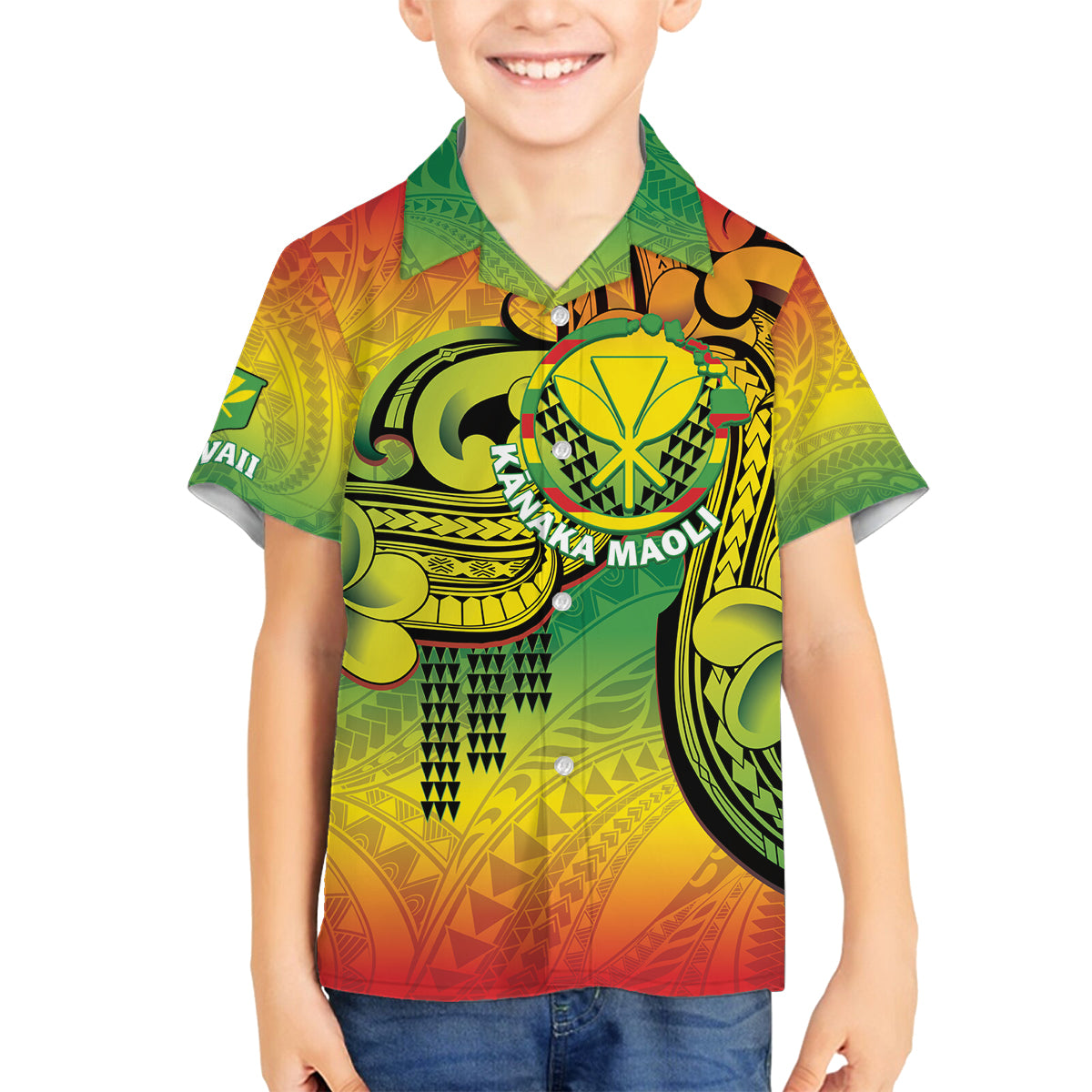 Hawaii Flag Day Family Matching Off Shoulder Short Dress and Hawaiian Shirt Kanaka Maoli With Kakau Polynesian Pattern LT14 Son's Shirt Green - Polynesian Pride