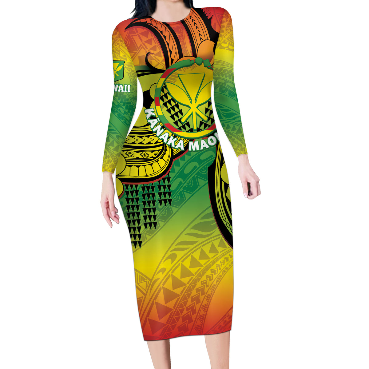 Hawaii Flag Day Long Sleeve Bodycon Dress Kanaka Maoli With Kakau Polynesian Pattern LT14