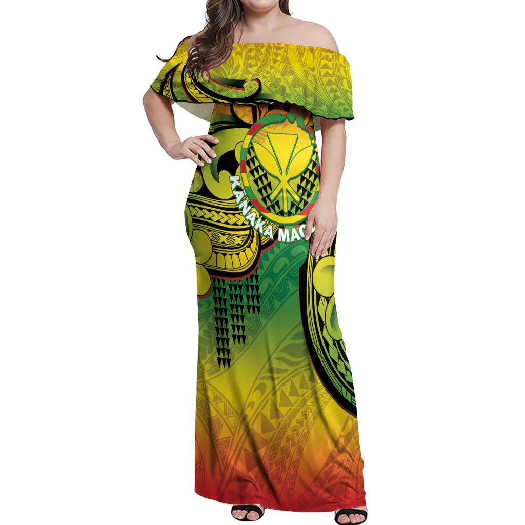 Hawaii Flag Day Off Shoulder Maxi Dress Kanaka Maoli With Kakau Polynesian Pattern LT14