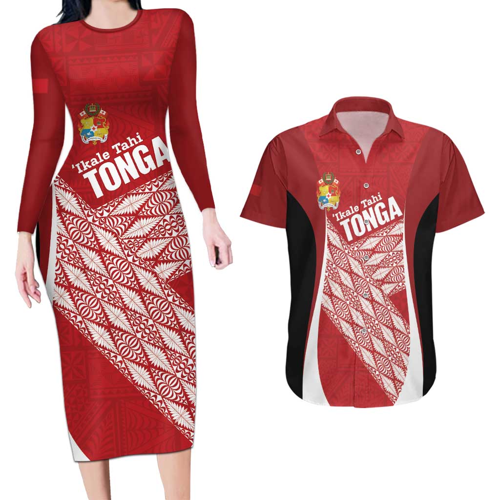 Tonga Rugby Custom Couples Matching Long Sleeve Bodycon Dress and Hawaiian Shirt Go ʻIkale Tahi Go Tongan Tapa Cloth LT14 Red - Polynesian Pride