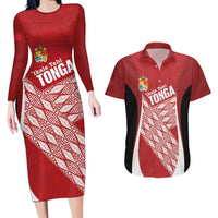 Tonga Rugby Custom Couples Matching Long Sleeve Bodycon Dress and Hawaiian Shirt Go ʻIkale Tahi Go Tongan Tapa Cloth LT14 Red - Polynesian Pride
