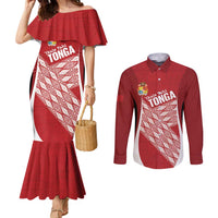 Tonga Rugby Custom Couples Matching Mermaid Dress and Long Sleeve Button Shirt Go ʻIkale Tahi Go Tongan Tapa Cloth LT14 Red - Polynesian Pride