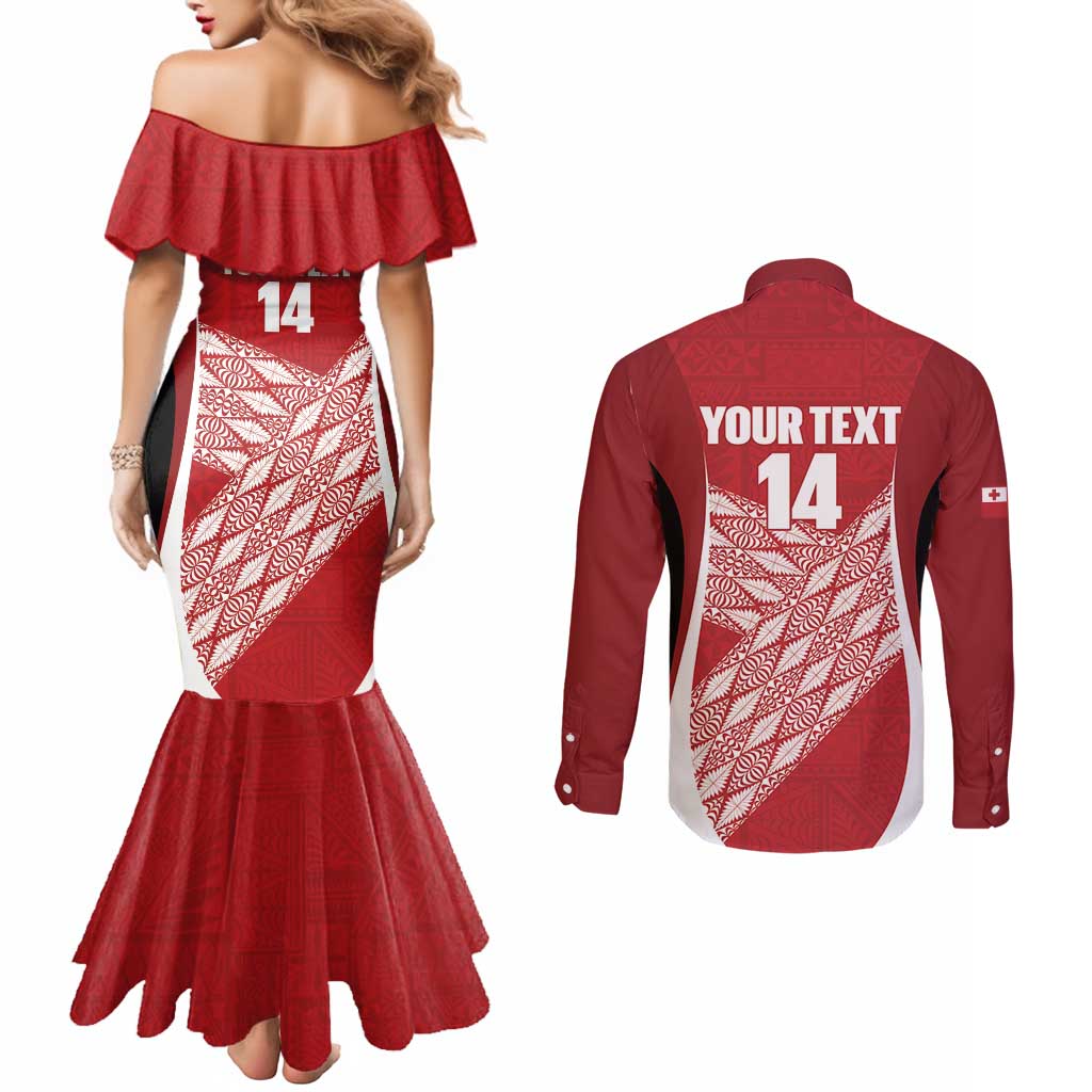 Tonga Rugby Custom Couples Matching Mermaid Dress and Long Sleeve Button Shirt Go ʻIkale Tahi Go Tongan Tapa Cloth LT14 - Polynesian Pride