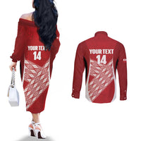 Tonga Rugby Custom Couples Matching Off The Shoulder Long Sleeve Dress and Long Sleeve Button Shirt Go ʻIkale Tahi Go Tongan Tapa Cloth LT14 - Polynesian Pride