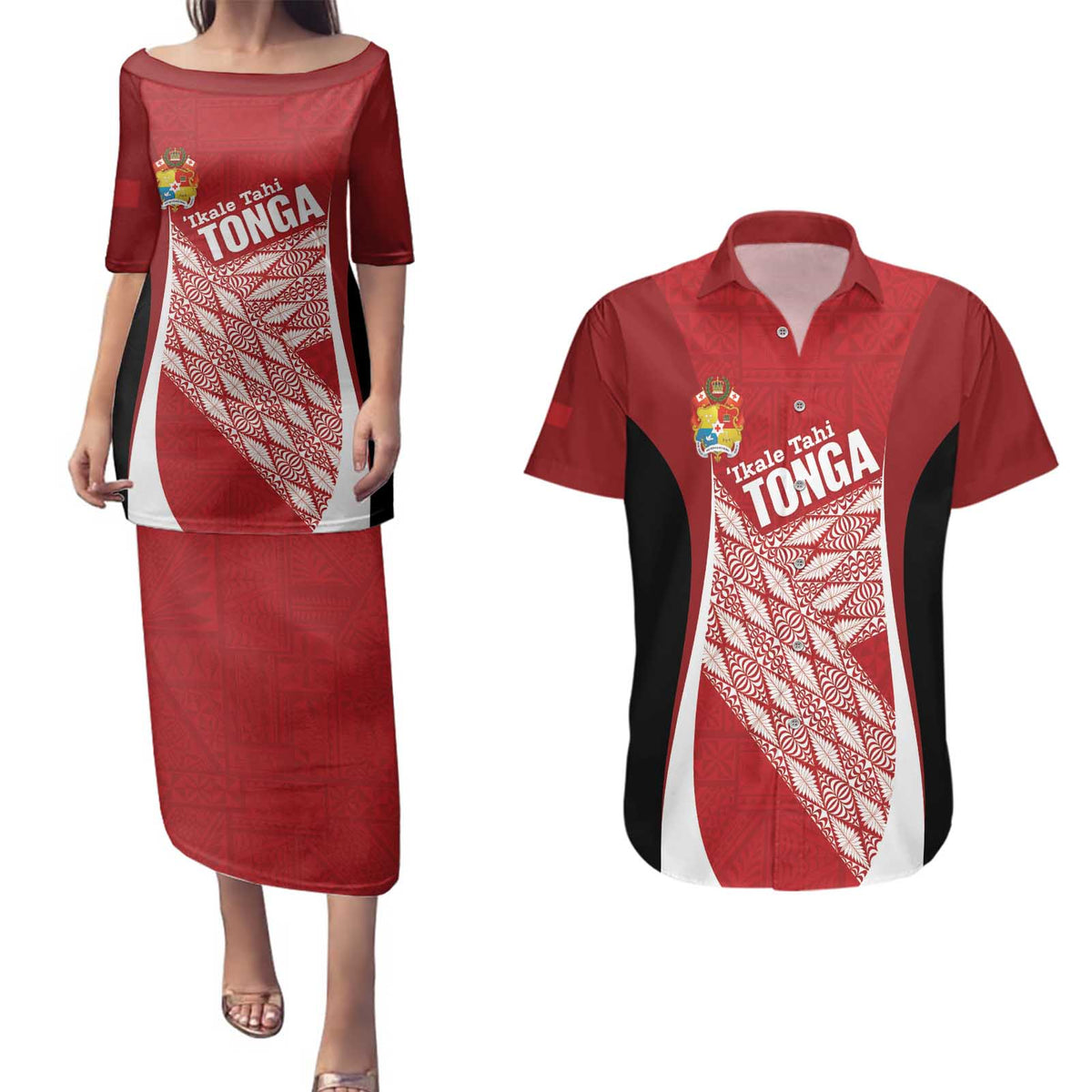 Tonga Rugby Custom Couples Matching Puletasi and Hawaiian Shirt Go ʻIkale Tahi Go Tongan Tapa Cloth