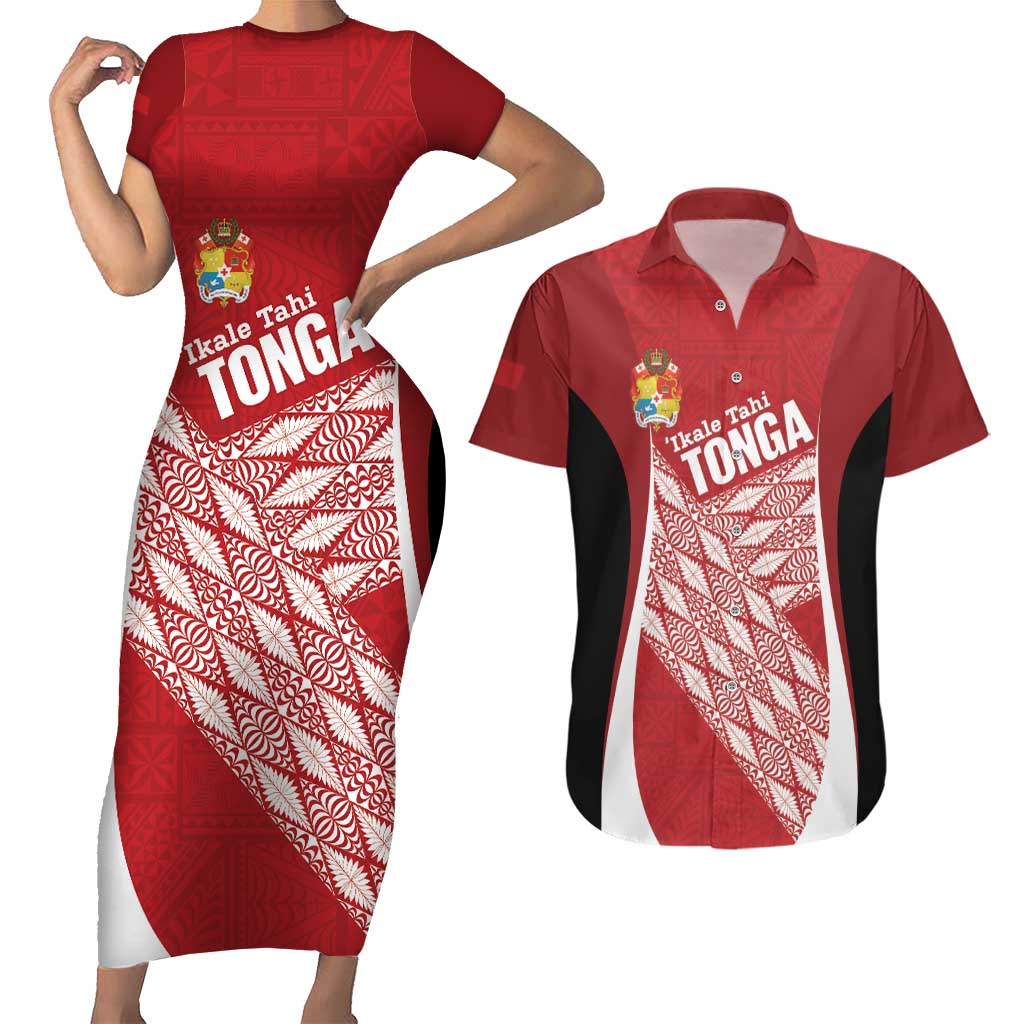Tonga Rugby Custom Couples Matching Short Sleeve Bodycon Dress and Hawaiian Shirt Go ʻIkale Tahi Go Tongan Tapa Cloth LT14 Red - Polynesian Pride
