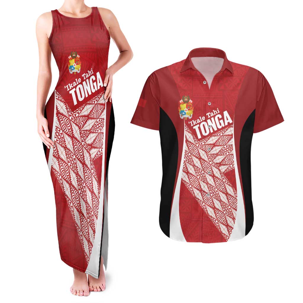 Tonga Rugby Custom Couples Matching Tank Maxi Dress and Hawaiian Shirt Go ʻIkale Tahi Go Tongan Tapa Cloth LT14 Red - Polynesian Pride