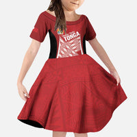 Tonga Rugby Custom Family Matching Long Sleeve Bodycon Dress and Hawaiian Shirt Go ʻIkale Tahi Go Tongan Tapa Cloth LT14 Daughter's Dress Red - Polynesian Pride