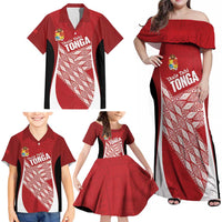 Tonga Rugby Custom Family Matching Off Shoulder Maxi Dress and Hawaiian Shirt Go ʻIkale Tahi Go Tongan Tapa Cloth LT14 - Polynesian Pride