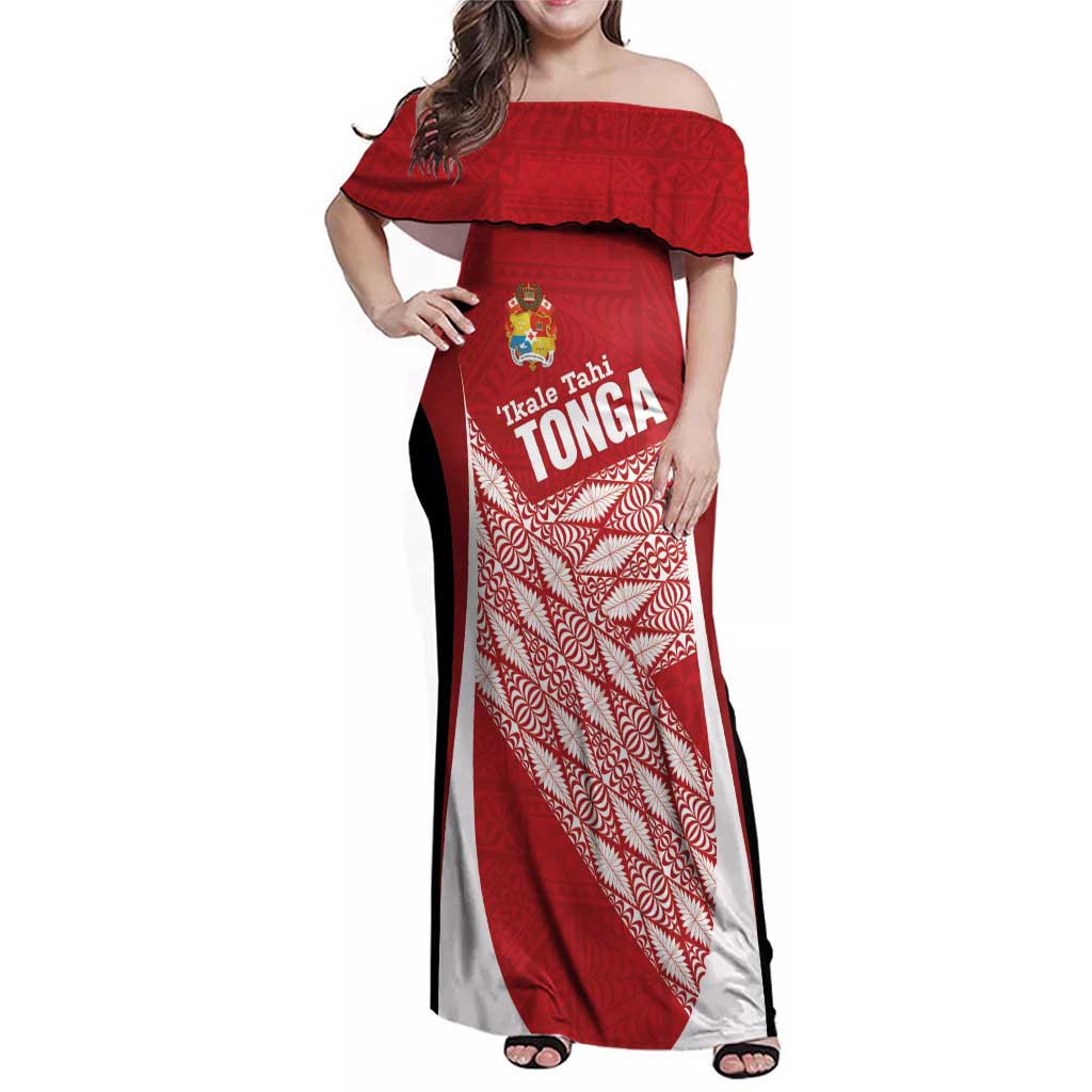 Tonga Rugby Custom Family Matching Off Shoulder Maxi Dress and Hawaiian Shirt Go ʻIkale Tahi Go Tongan Tapa Cloth LT14 Mom's Dress Red - Polynesian Pride