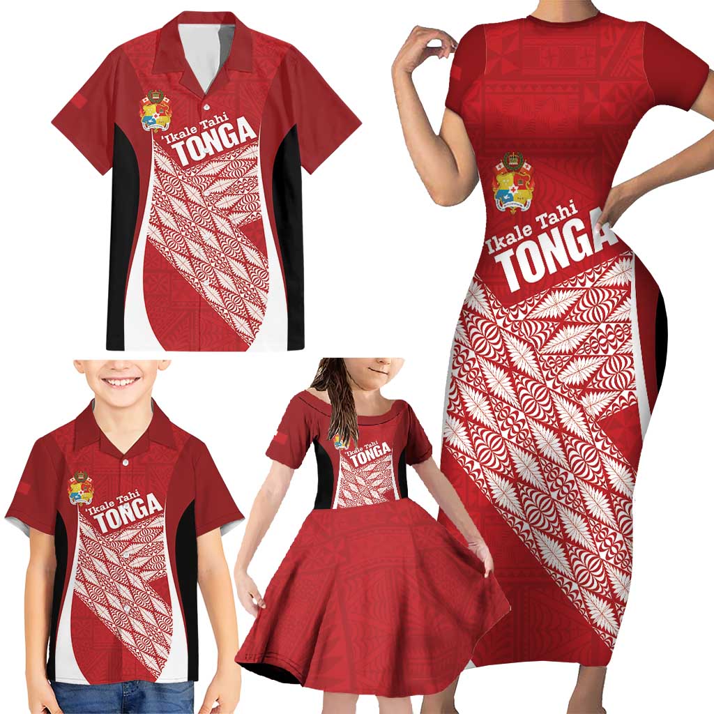 Tonga Rugby Custom Family Matching Short Sleeve Bodycon Dress and Hawaiian Shirt Go ʻIkale Tahi Go Tongan Tapa Cloth LT14 - Polynesian Pride