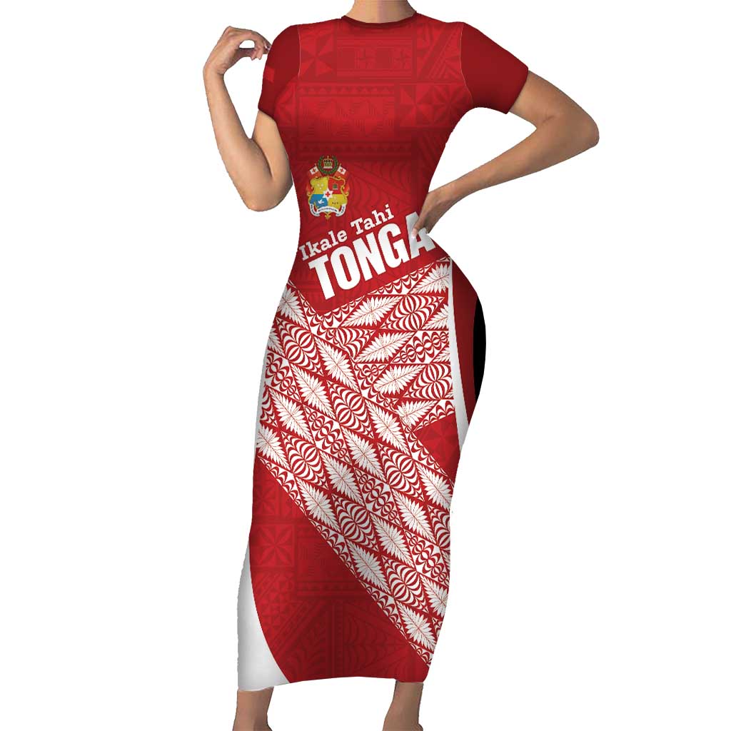 Tonga Rugby Custom Family Matching Short Sleeve Bodycon Dress and Hawaiian Shirt Go ʻIkale Tahi Go Tongan Tapa Cloth LT14 Mom's Dress Red - Polynesian Pride
