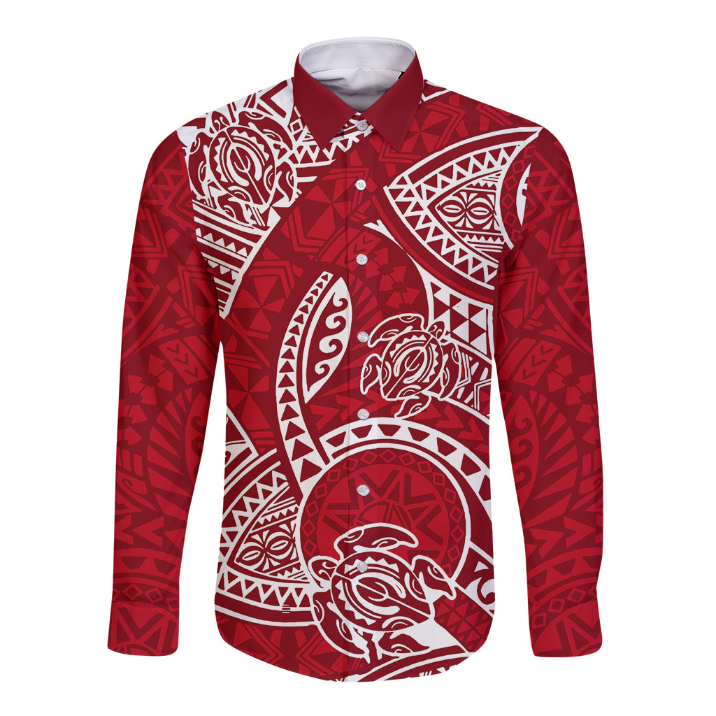 Polynesian Pride Hawaii Long Sleeve Button Shirt Hawaiian Tribal Honu Red Version LT14 Unisex Red - Polynesian Pride