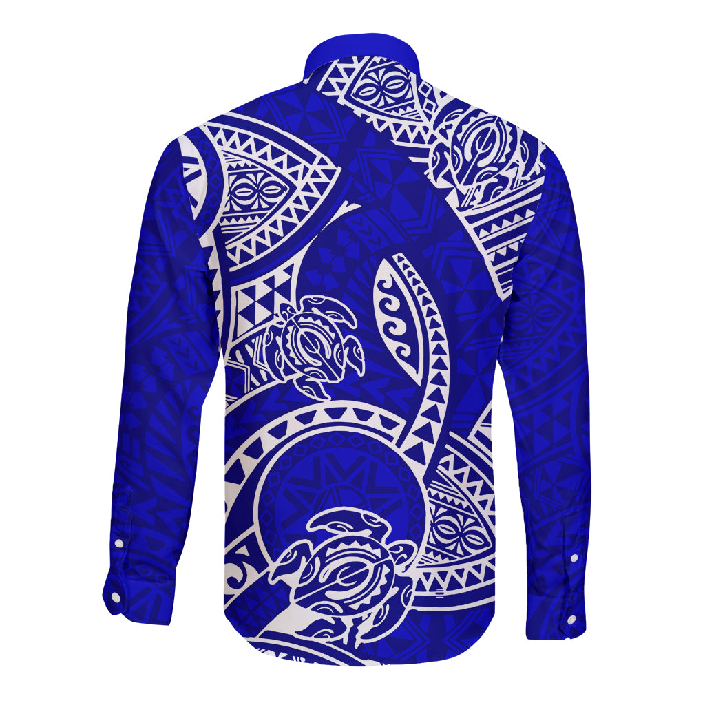 Polynesian Pride Hawaii Long Sleeve Button Shirt Hawaiian Tribal Honu Blue Version LT14 - Polynesian Pride