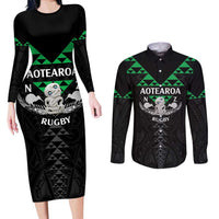 Personalised Aotearoa Rugby Couples Matching Long Sleeve Bodycon Dress and Long Sleeve Button Shirt New Zealand Maori Kete Matauranga Pattern