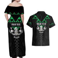 Personalised Aotearoa Rugby Couples Matching Off Shoulder Maxi Dress and Hawaiian Shirt New Zealand Maori Kete Matauranga Pattern