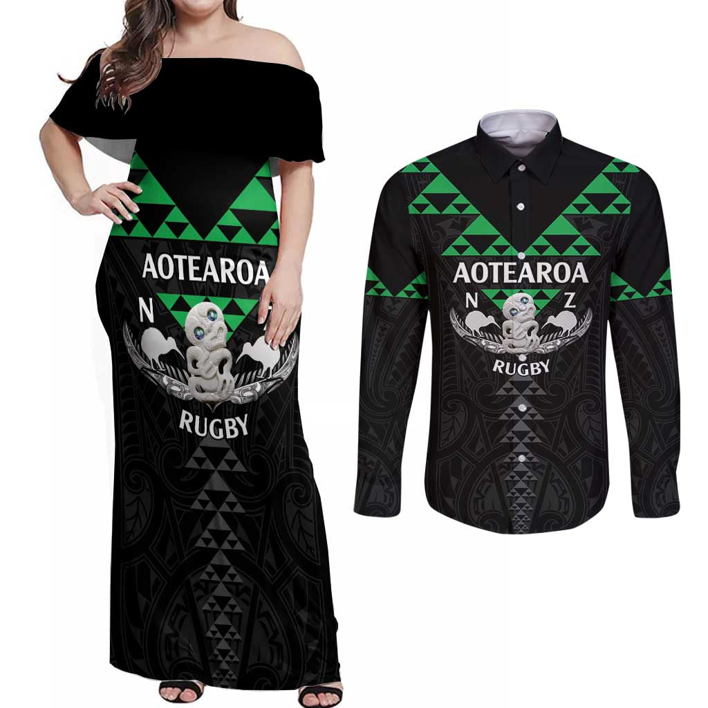 Personalised Aotearoa Rugby Couples Matching Off Shoulder Maxi Dress and Long Sleeve Button Shirt New Zealand Maori Kete Matauranga Pattern