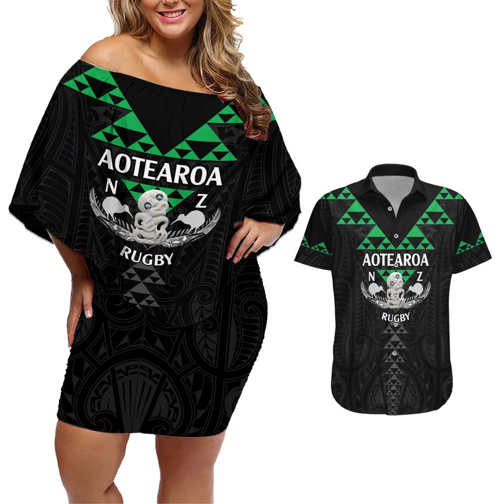 Personalised Aotearoa Rugby Couples Matching Off Shoulder Short Dress and Hawaiian Shirt New Zealand Maori Kete Matauranga Pattern