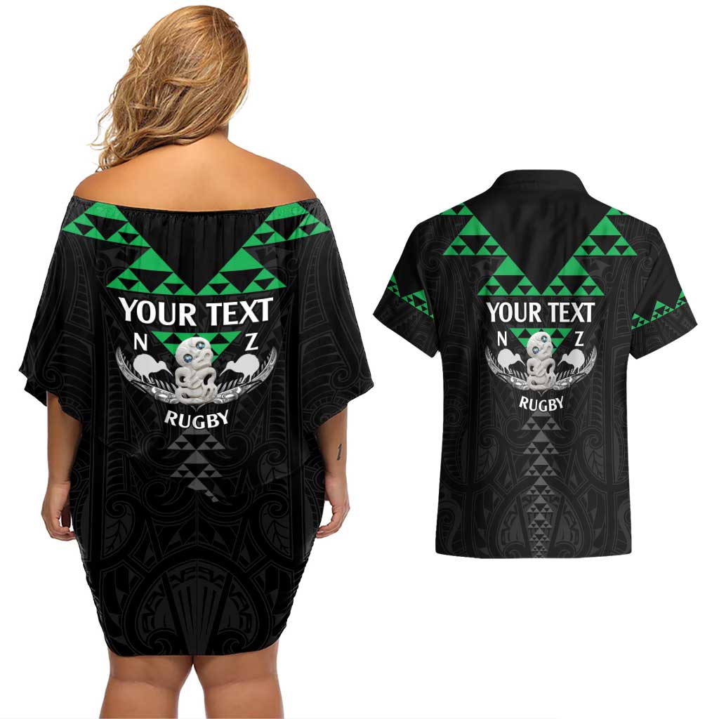 Personalised Aotearoa Rugby Couples Matching Off Shoulder Short Dress and Hawaiian Shirt New Zealand Maori Kete Matauranga Pattern