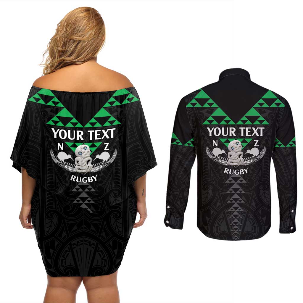 Personalised Aotearoa Rugby Couples Matching Off Shoulder Short Dress and Long Sleeve Button Shirt New Zealand Maori Kete Matauranga Pattern