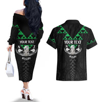 Personalised Aotearoa Rugby Couples Matching Off The Shoulder Long Sleeve Dress and Hawaiian Shirt New Zealand Maori Kete Matauranga Pattern