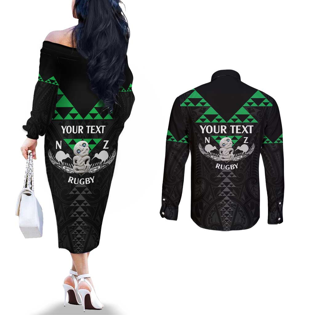Personalised Aotearoa Rugby Couples Matching Off The Shoulder Long Sleeve Dress and Long Sleeve Button Shirt New Zealand Maori Kete Matauranga Pattern