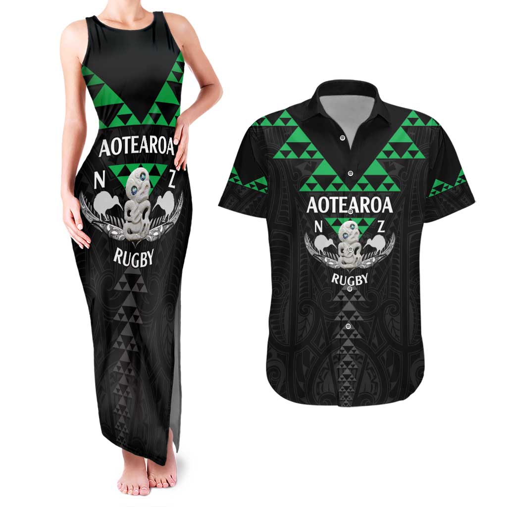 Personalised Aotearoa Rugby Couples Matching Tank Maxi Dress and Hawaiian Shirt New Zealand Maori Kete Matauranga Pattern