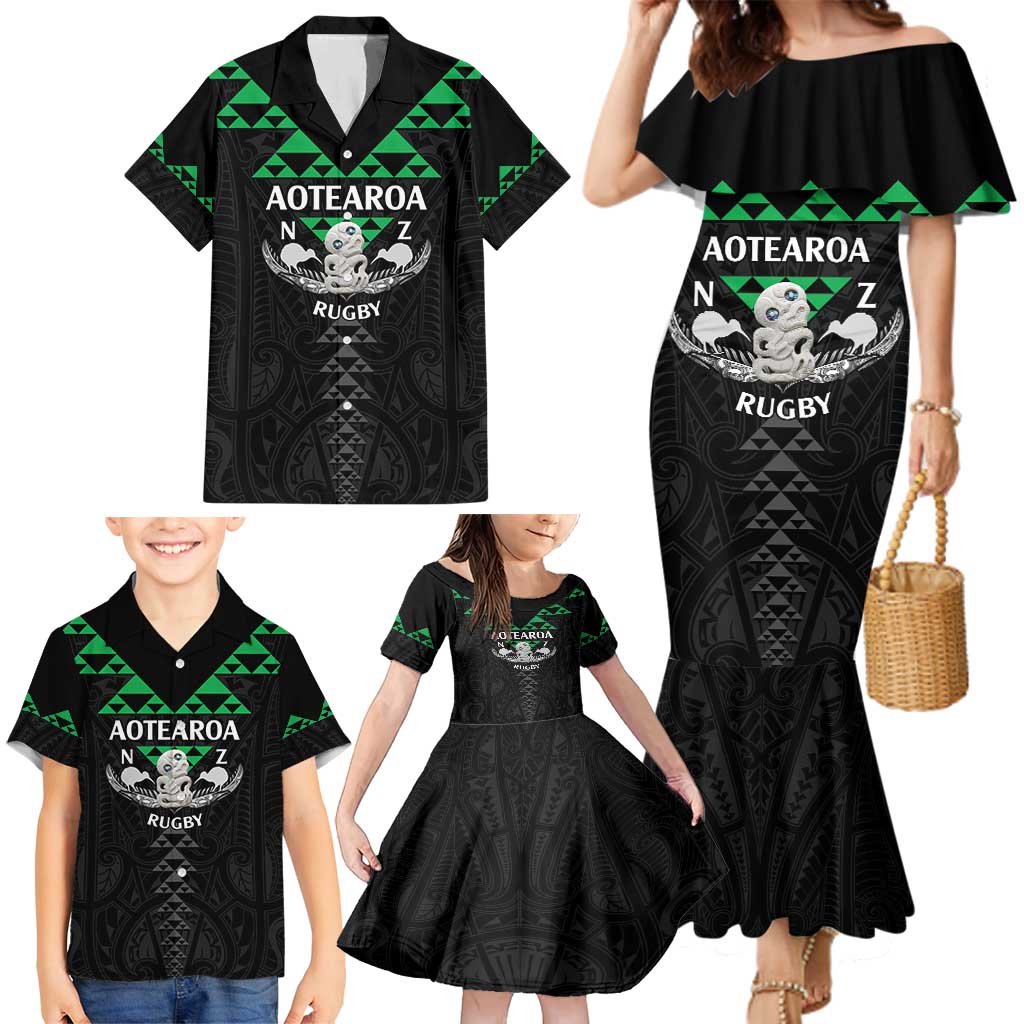 Personalised Aotearoa Rugby Family Matching Mermaid Dress and Hawaiian Shirt New Zealand Maori Kete Matauranga Pattern