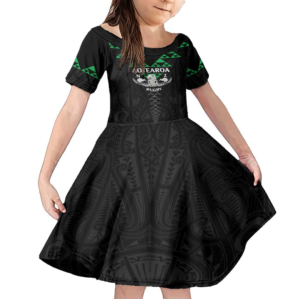 Personalised Aotearoa Rugby Family Matching Summer Maxi Dress and Hawaiian Shirt New Zealand Maori Kete Matauranga Pattern LT14 Daughter's Dress Black - Polynesian Pride
