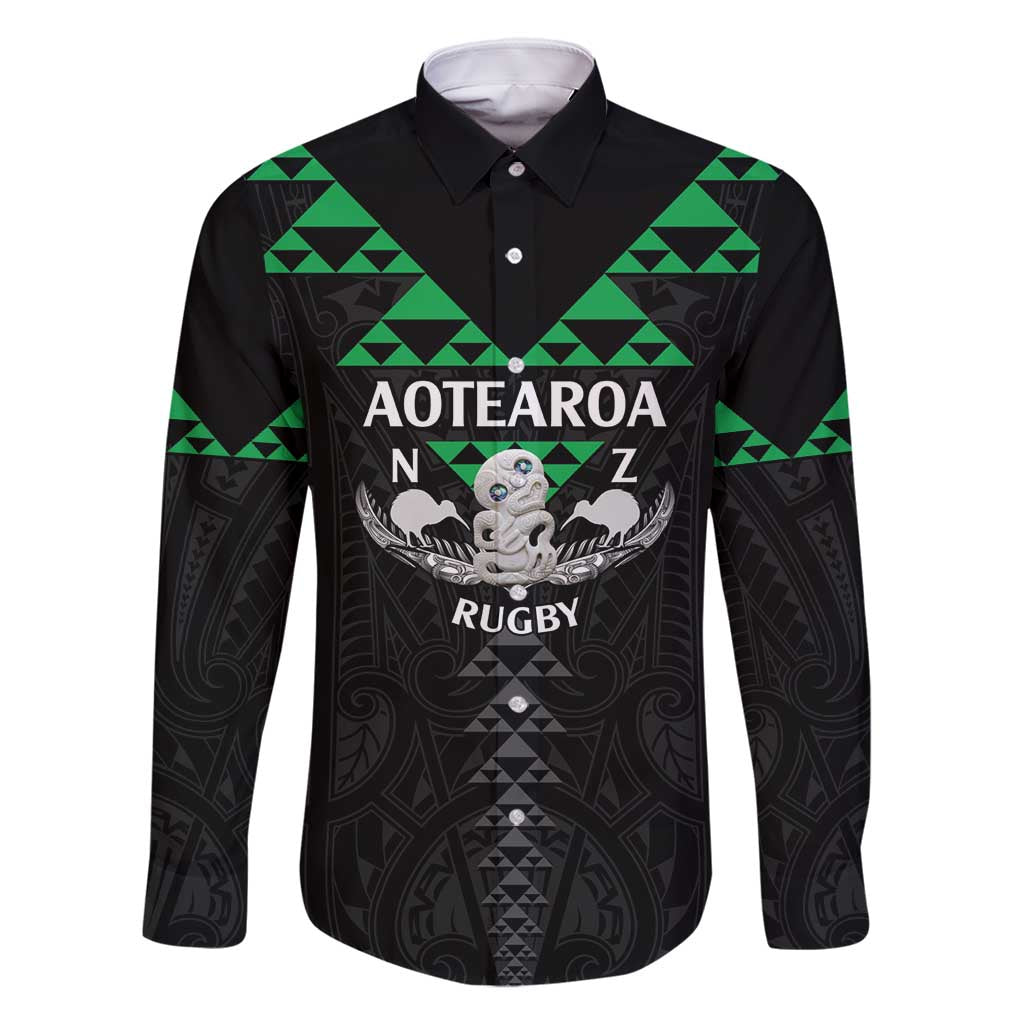Personalised Aotearoa Rugby Family Matching Summer Maxi Dress and Hawaiian Shirt New Zealand Maori Kete Matauranga Pattern LT14 Dad's Shirt - Long Sleeve Black - Polynesian Pride