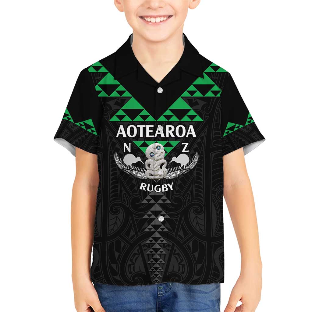 Personalised Aotearoa Rugby Family Matching Summer Maxi Dress and Hawaiian Shirt New Zealand Maori Kete Matauranga Pattern LT14 Son's Shirt Black - Polynesian Pride