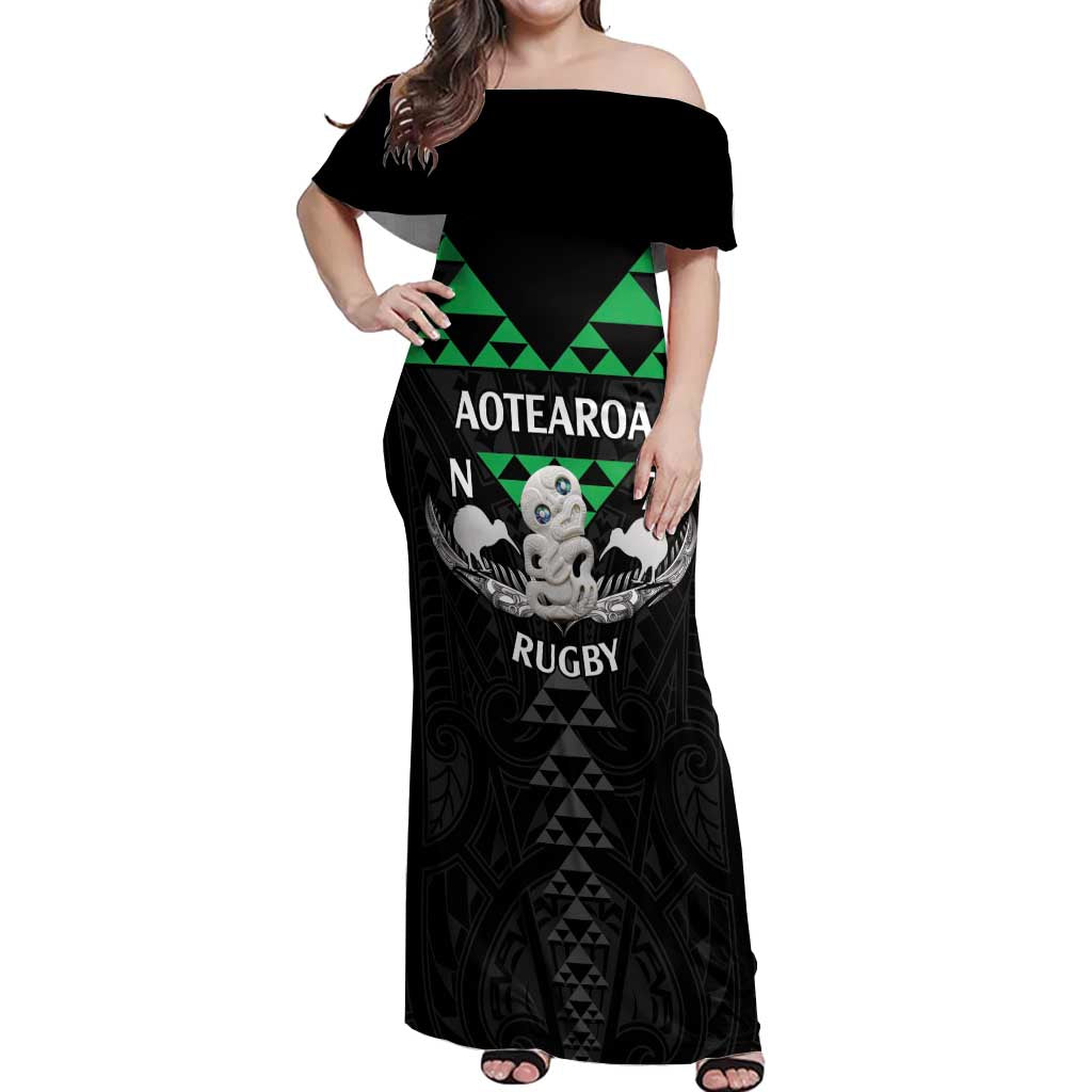 Personalised Aotearoa Rugby Off Shoulder Maxi Dress New Zealand Maori Kete Matauranga Pattern
