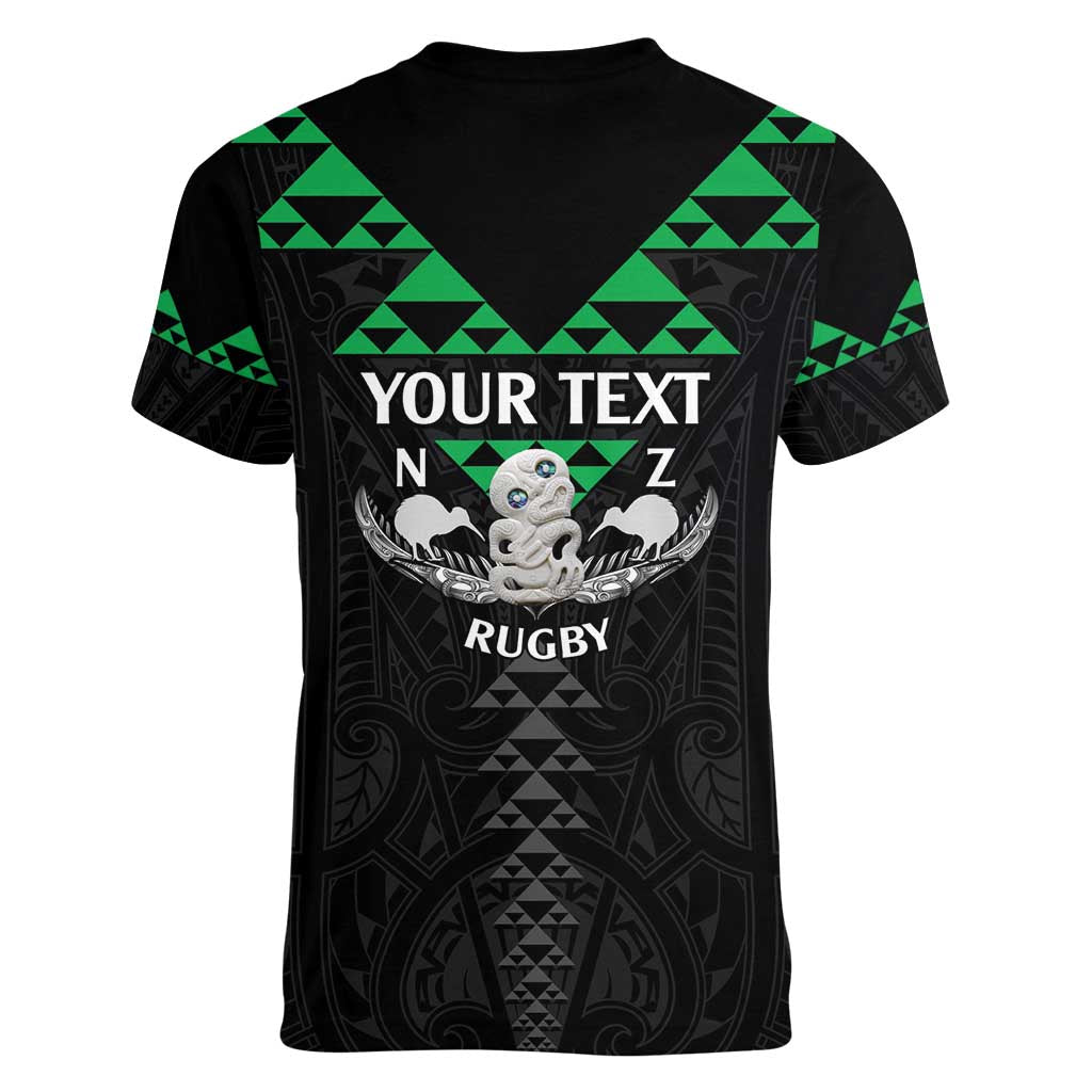 Personalised Aotearoa Rugby Women V-Neck T-Shirt New Zealand Maori Kete Matauranga Pattern