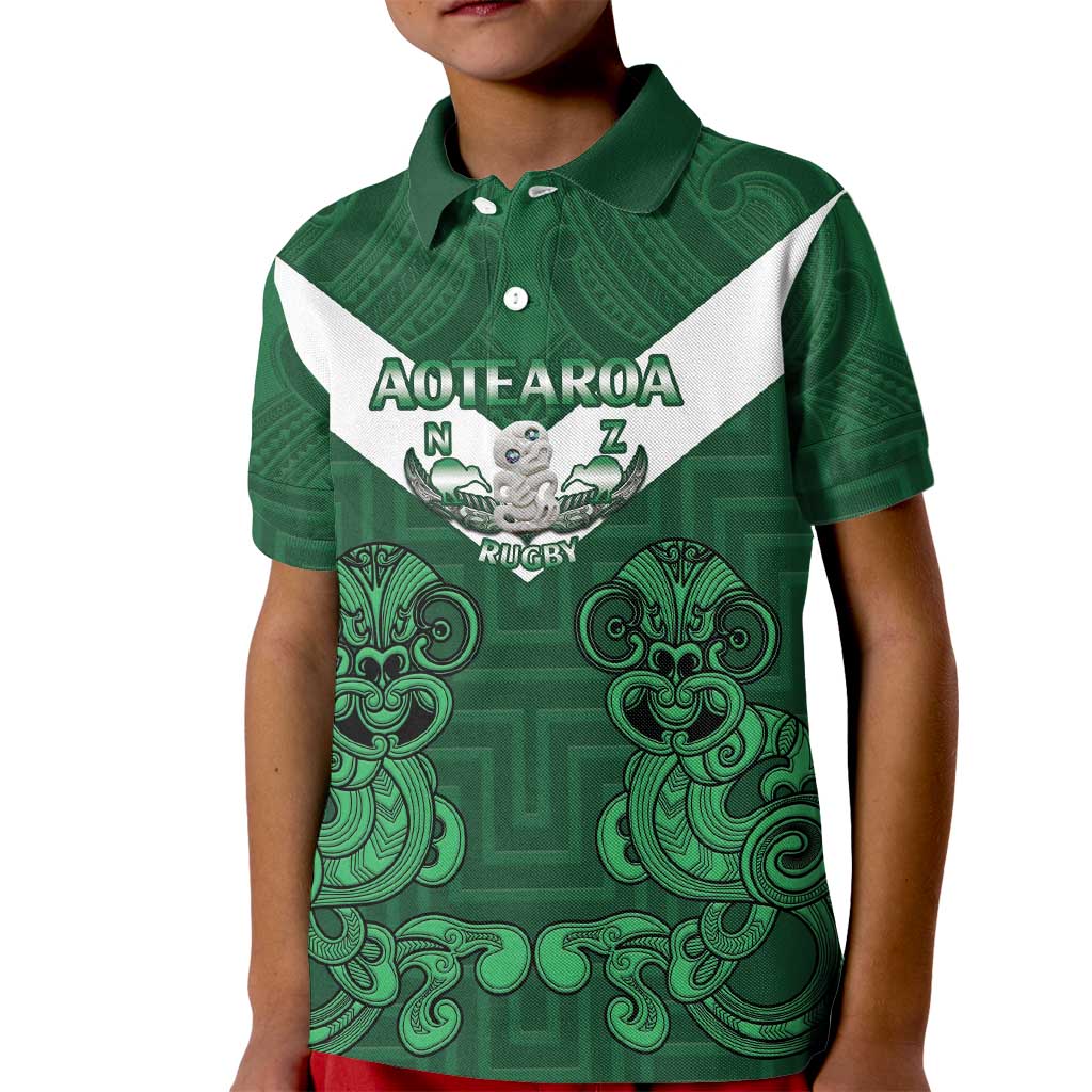 Custom Aotearoa Rugby Kid Polo Shirt New Zealand Maori Kete Poutama Pattern