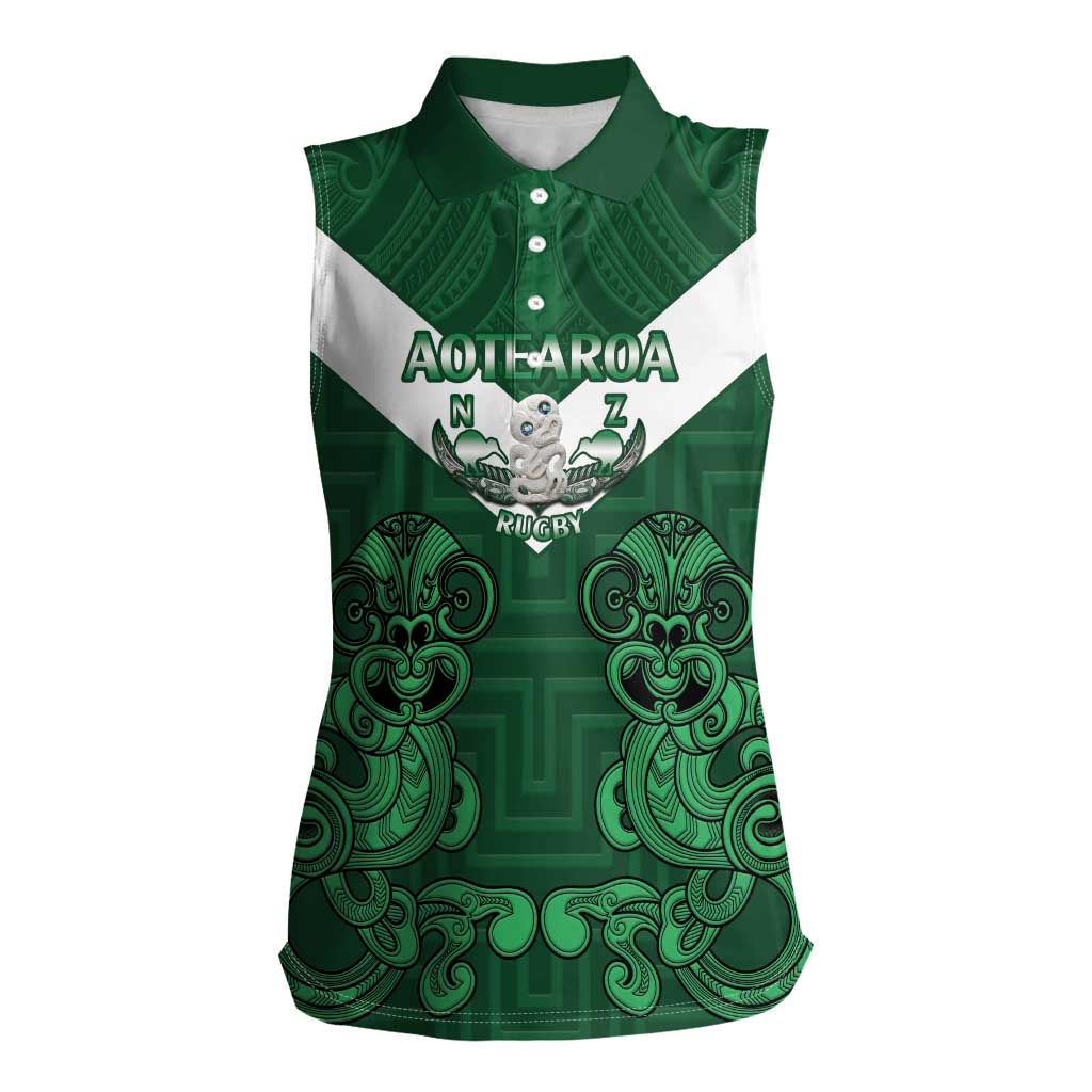 Custom Aotearoa Rugby Women Sleeveless Polo Shirt New Zealand Maori Kete Poutama Pattern