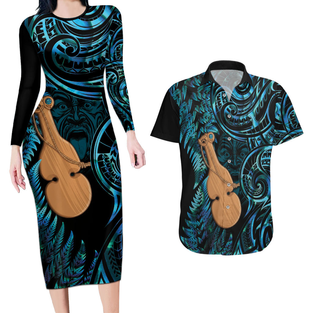 Kotiate New Zealand Couples Matching Long Sleeve Bodycon Dress and Hawaiian Shirt Maori Weapon Paua Shell Haka Fern LT14 Turquoise - Polynesian Pride