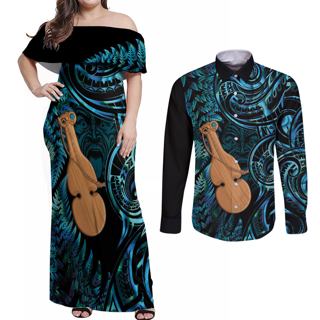 Kotiate New Zealand Couples Matching Off Shoulder Maxi Dress and Long Sleeve Button Shirt Maori Weapon Paua Shell Haka Fern