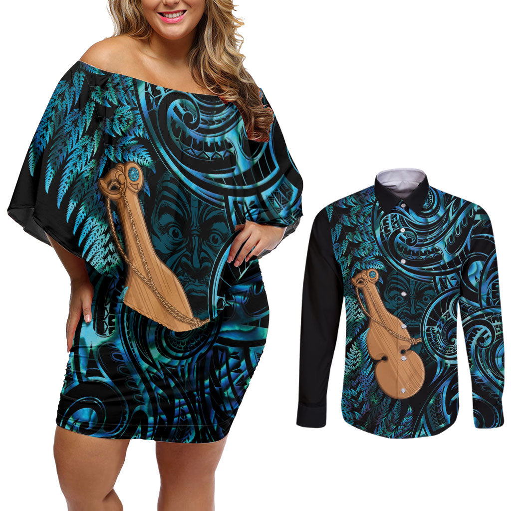 Kotiate New Zealand Couples Matching Off Shoulder Short Dress and Long Sleeve Button Shirt Maori Weapon Paua Shell Haka Fern
