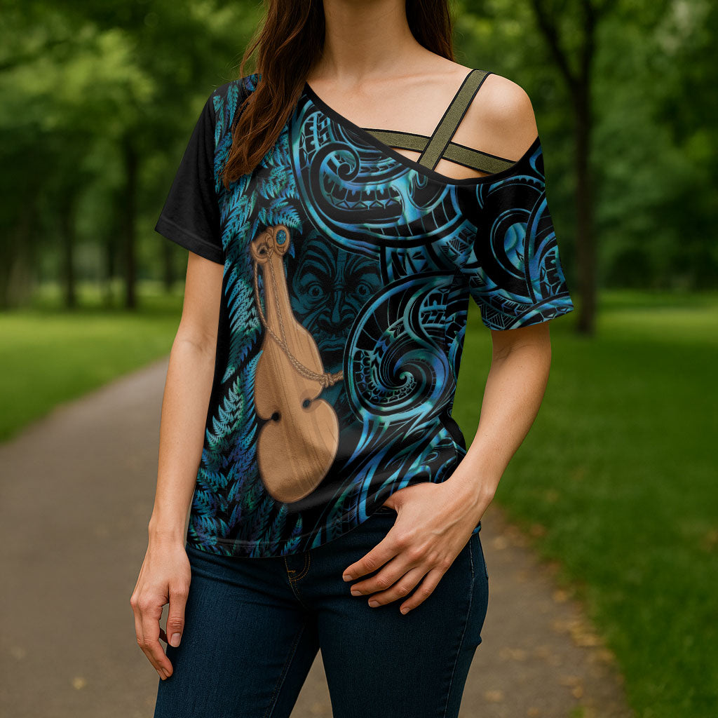 Kotiate New Zealand Cross Shoulder Shirt Maori Weapon Paua Shell Haka Fern