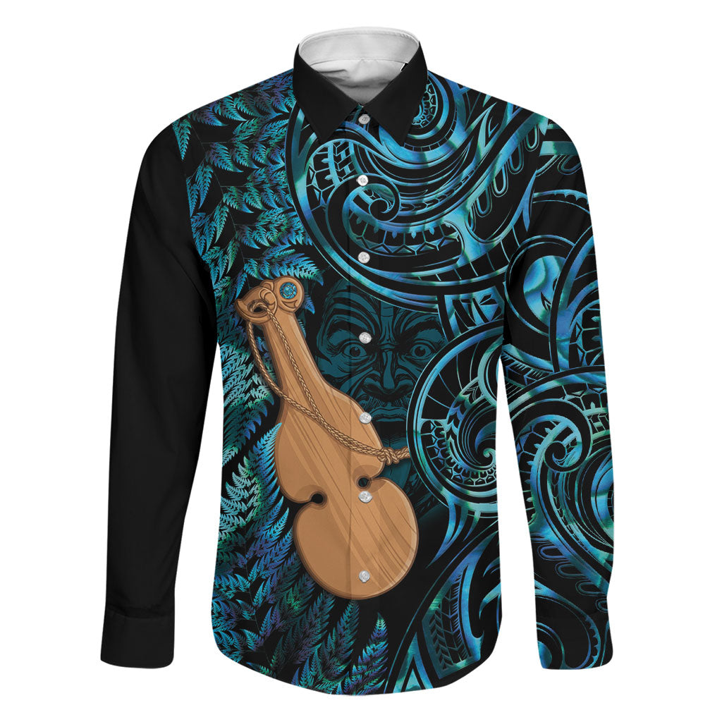 Kotiate New Zealand Family Matching Tank Maxi Dress and Hawaiian Shirt Maori Weapon Paua Shell Haka Fern LT14 Dad's Shirt - Long Sleeve Turquoise - Polynesian Pride