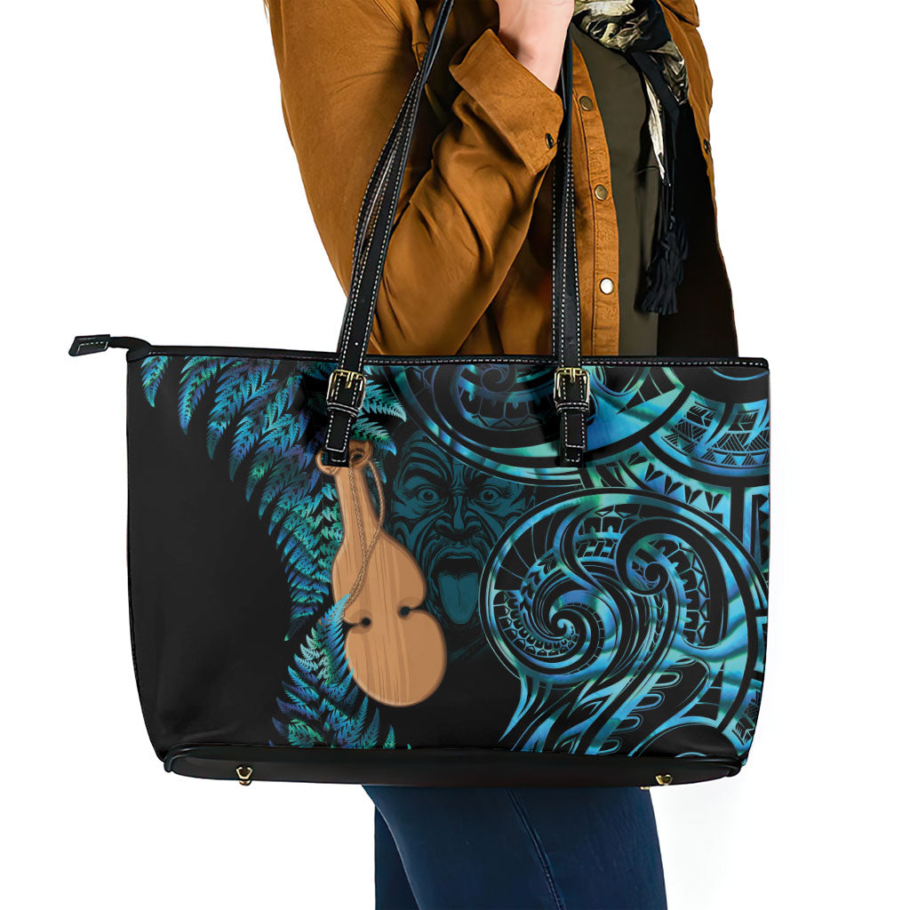 Kotiate New Zealand Leather Tote Bag Maori Weapon Paua Shell Haka Fern