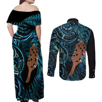 Maripi New Zealand Couples Matching Off Shoulder Maxi Dress and Long Sleeve Button Shirt Maori Weapon Paua Shell Haka Fern