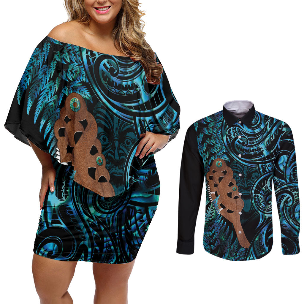 Maripi New Zealand Couples Matching Off Shoulder Short Dress and Long Sleeve Button Shirt Maori Weapon Paua Shell Haka Fern