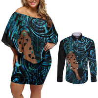Maripi New Zealand Couples Matching Off Shoulder Short Dress and Long Sleeve Button Shirt Maori Weapon Paua Shell Haka Fern