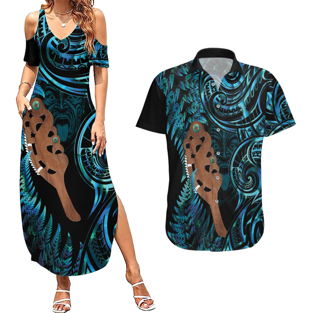 Maripi New Zealand Couples Matching Summer Maxi Dress and Hawaiian Shirt Maori Weapon Paua Shell Haka Fern